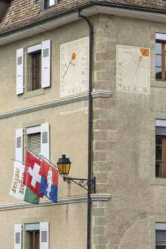 sundial on a house in old city of Nyon, canton of Vaud in Switzerland