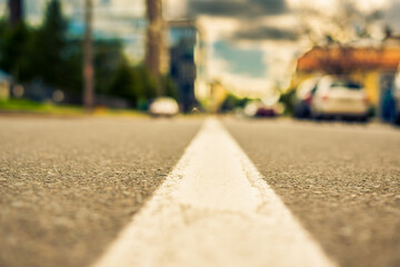 In the downtown, the feather flies over the road. Close up view from the level of the dividing line