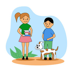 happy smiling children, girl brings books, boy walks the dog, character outline, children have fun and useful time, read children education, responsibility and care in childhood items illustration