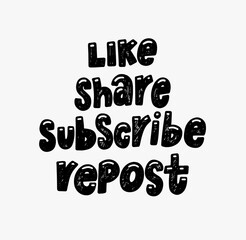 Like Share Repost Subscribe Follow doodle hand lettering stickers. quote subscribe to channel, blog. Social media background and blog posts. Marketing. Vector illustration.