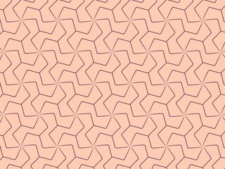 geometric illustration seamless pattern for tile and wall decor. Brown lines on pink background.