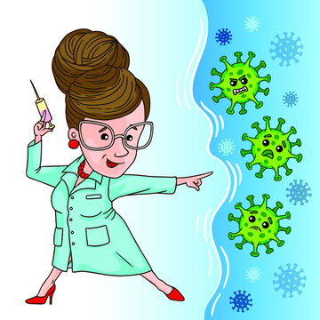 Person woman doctor holding vaccine syringe fighting coronavirus pandemic COVID-19. Illustration character in a cartoon style. Syringe vaccination kills the virus corona