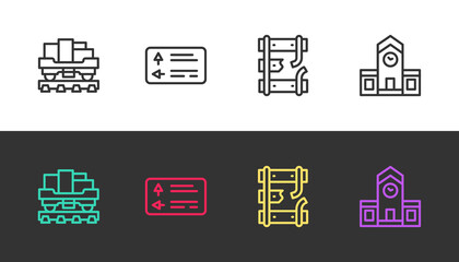 Set line Cargo train wagon, Road traffic signpost, Broken rails railway and Railway station on black and white. Vector