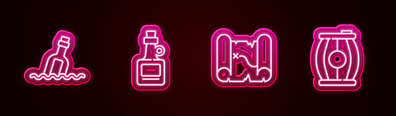 Set line Bottle with message in water, Alcohol drink Rum, Pirate treasure map and Gun powder barrel. Glowing neon icon. Vector