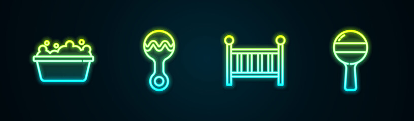 Set line Baby bathtub, Rattle baby toy, crib cradle and . Glowing neon icon. Vector
