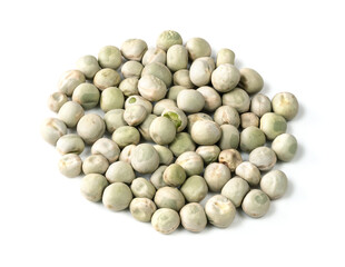 pile of dried whole green peas closeup on white