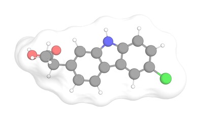 3D rendering of Carprofen with white transparent surface on a white opaque background. Also called rimadyl and imadyl.