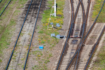 Industrial logistic and transportation concept background, forward railway track switch for train.