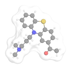 3D rendering of Acepromazine with white transparent surface on a white opaque background. Also called acetylpromazine and acetopromazine.