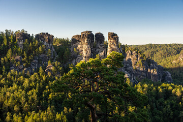 Beautiful sunset over the karst mountains of Saxon Switzerland National Park  Germany