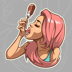 Sexy young woman lick Melting ice cream. Hipster girl eating sweets. Vector cartoon illustration - obrazy, fototapety, plakaty