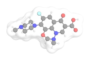3D rendering of Marbofloxacin with white transparent surface on a white opaque background. Also called zeniquin and marbocyl.
