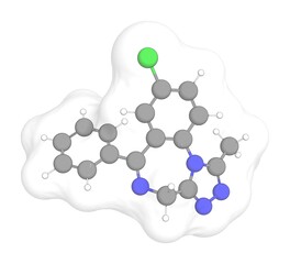 3D rendering of Alprazolam with white transparent surface on a white opaque background. Also called xanax and trankimazin.