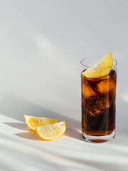 Glass of cola with ice and lemon
