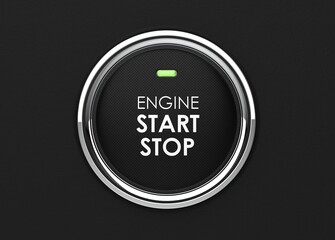 Engine start stop button. Car dashboard element. Luxury car is a new technology used of starting the engine. Black button to start the engine with inscription start, stop. 3D illustration.