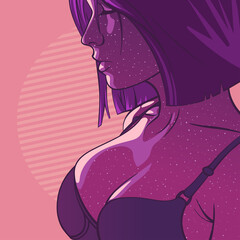 Sexy beautiful woman with perfect breast posing in purple lingerie on the background of a purple starry sky. Vector illustration
