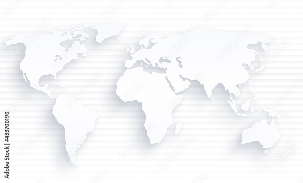 Poster white world map floating over pattern of horizontal light gray lines.