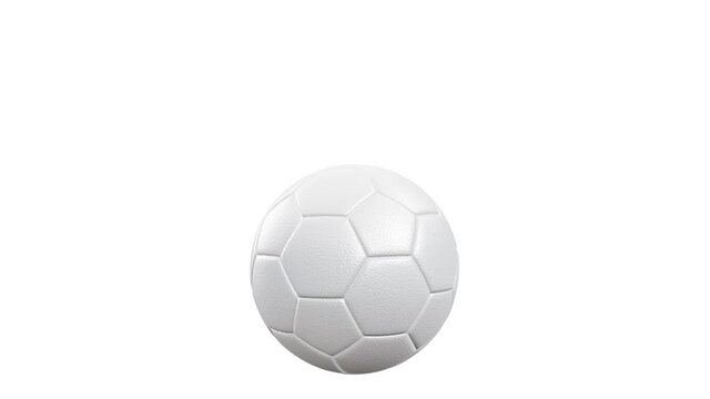 Realistic 3D animation of the white textured soccer ball rolls in and out of the camera rendered in UHD with alpha matte
