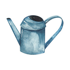 Watercolour illustration with with garden watering can for flowers, garden and dacha, isolated element on white background. Watercolour illustration with garden tools © Vasia_illi
