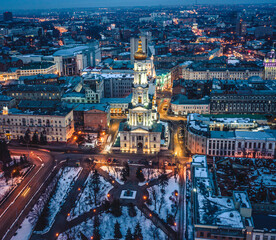 Orthodox Dormition Cathedral in snowy Kharkiv, Ukraine