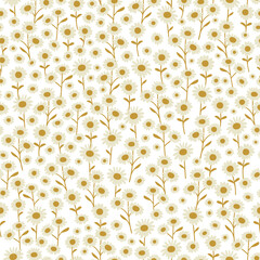 Cream and Gold Hand-Drawn Boho Daisies Seamless Pattern Background Print