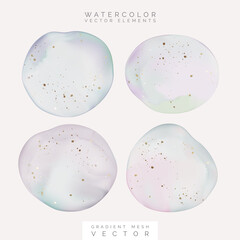 Gradient Mesh Vector Watercolor Minimal Abstract Drawing or Drop with Gold Foil Effect. Pastel Purple, Blue and Beige Colors.