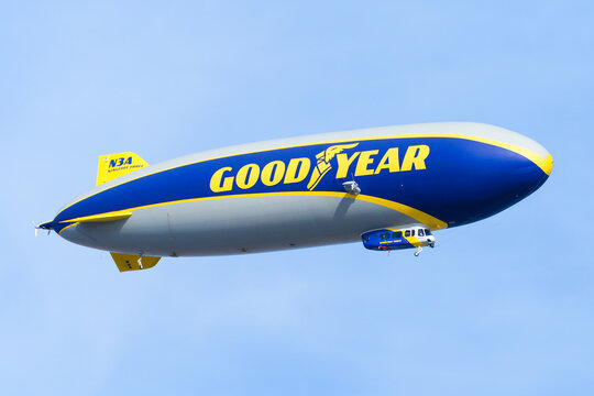 Goodyear Blimp, an semi rigid airship built by Zeppelin Company. Dirigible Wingfoot 3 (N3A) flying in Los Angeles, USA advertising for Goodyear.