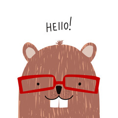 Funny beaver with red glasses. Kids graphic. Vector hand drawn illustration. - obrazy, fototapety, plakaty
