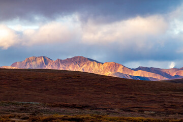 dramatic landscape of  mountain peaks and mountain ranges inside Denali National Park  during autumn season.