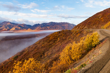 lone and only gravel road where authorized buses travel to the Denali interior in Denali national park.