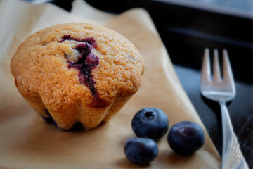Close-up of a homemade blueberry muffin