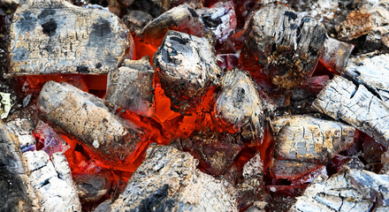 Smouldering coal for preparing grilled food. Background.