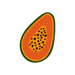 Half an orange papaya in doodle style. Tropical citrus fruit. Healthy and vegan food. Hand drawn vector illustration isolated on white background.