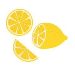 Set of yellow whole, half, cut slice lemon in doodle style. Fresh citrus fruits. Healthy and vegan food. Hand drawn vector illustration isolated on white background.