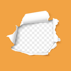 Torn hole and ripped of orange paper sheet isolated on a transparent background. Realistic vector paper texture effect