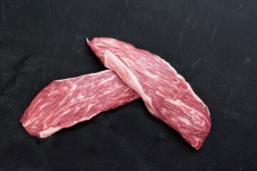 Machete Or Skirt Steaks Isolated on Black Background.  Raw Beef Steaks For Grilling Or Roasting...