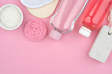 Skincare flatlay concept, cosmetic accessories and products for cleansing, massage, treatment, moisturizing, elasticity of the face and body, hygiene, youth and health of the skin