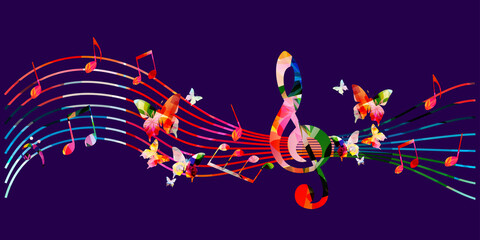 Colorful musical promotional poster with musical notes vector illustration. Artistic background with G-clef for live concert events, music festivals and shows, party flyer template © abstract
