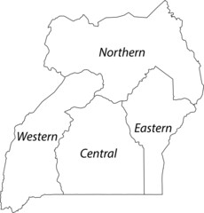 White blank vector map of the Republic of Uganda with black borders and names of its regions