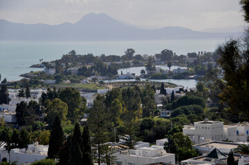 Fototapeta na wymiar Blick auf Tunis von der Villa Didon. View over the gulf of tunis from the luxury hotel Villa Didon