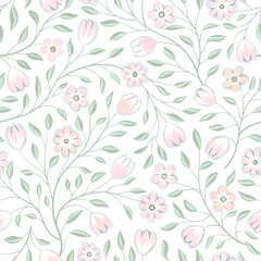 Fototapeta na wymiar Floral seamless pattern. Flower background. Floral seamless texture with flowers. Flourish tiled white spring wallpaper