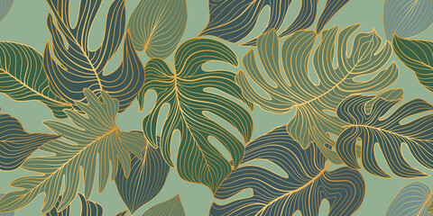 Floral seamless pattern with tropical leaves and flowers. Nature lush background. Flourish garden texture with line art leaves