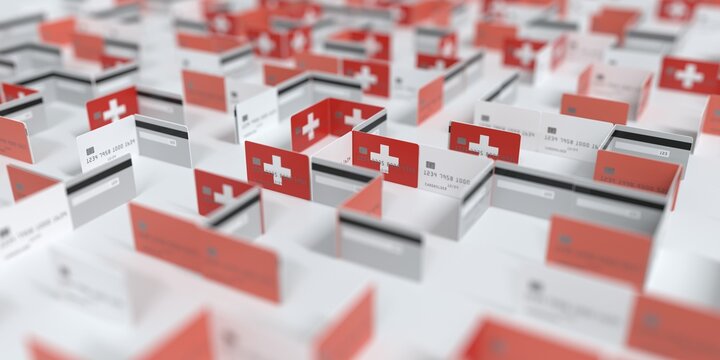 Fictional credit card maze with flag of Switzerland. Financial difficulties related 3D rendering