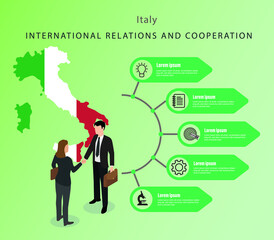 italy international business negotiations. Team business goals, active employees, social media marketing

