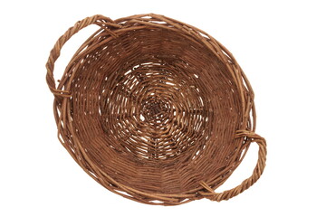 Round Wicker Picnic Gift Wine Food Basket Isolated On White Background, Top View. Rattan Wicker Basket Isolated On White.