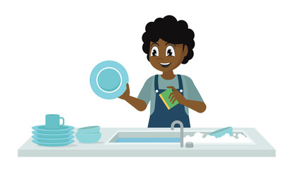 little african girl washing dish in the kitchen