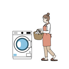 洗濯機を回す　洗濯物　主婦　女性　家事　ドラム式洗濯機　イラスト素材 © SENRYU