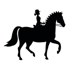 Vector flat hand drawn woman girl riding dressage horse silhouette isolated on white background