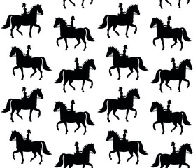 Vector seamless pattern of flat hand drawn woman girl riding dressage horse silhouette isolated on white background