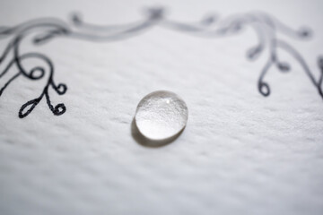 Detalle de gota de agua sobre papel con textura blanco y dibujo atrás desenfocado